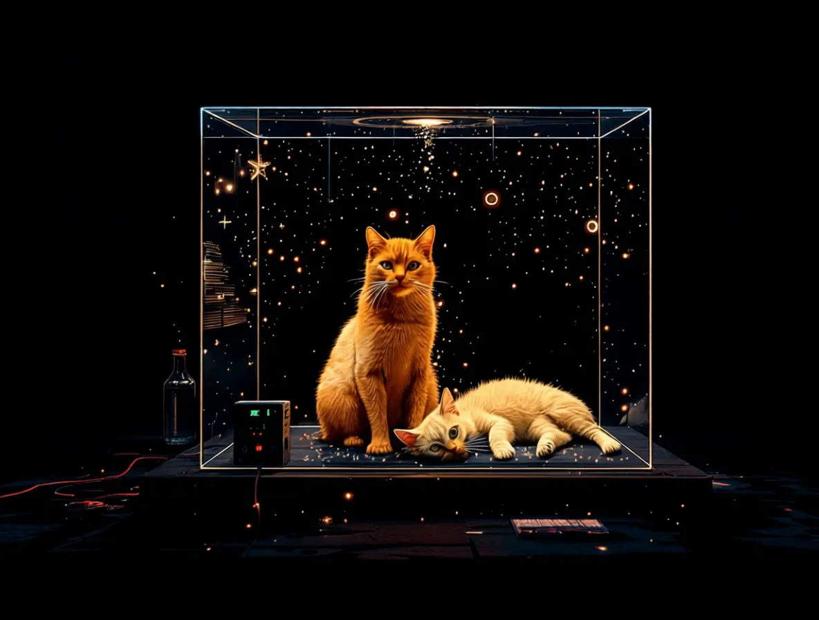 Visual explanation of the Schrödinger's Cat thought experiment in quantum physics, illustrating quantum superposition and paradox.