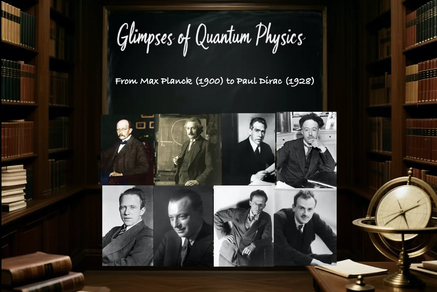 Poster of Glimpses of Quantum Physics showing portraits of Max Planck, Albert Einstein, Niels Bohr, Louis de Broglie, Werner Heisenberg, Wolfgang Pauli, Erwin Schrödinger, and Paul Dirac, highlighting their contributions from 1900 to 1928 in the history of quantum mechanics.